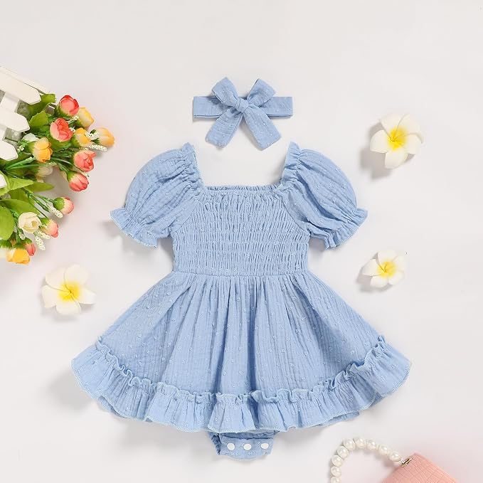 GRNSHTS Baby Girl Romper Dress, Puff Sleeve Smocked Outfit - Image 2