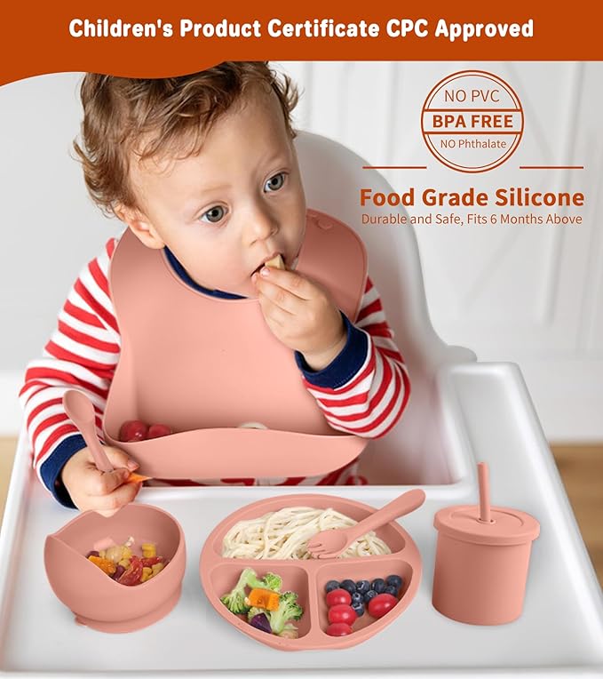 ECLIP Silicone Baby Feeding Set, 10 Pcs Baby Eating Essentials with Suction Bowl Divided Plate Adjustable Bib Soft Spoon Fork Snack Cup with Lid Drinking Cup, Utensil (Brick Red)