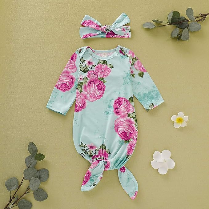 Newborn Baby Girl Floral Sleep Gown Headband Sleepwear Outfit - Image 2