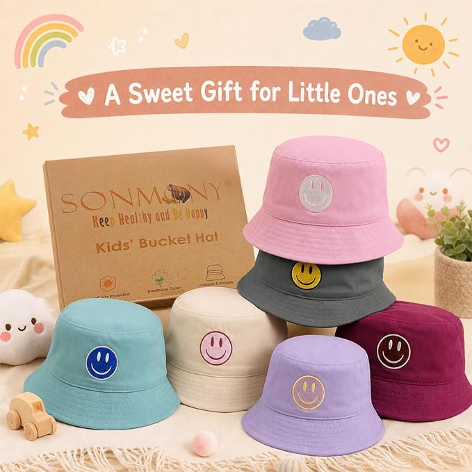 Toddler Hat Reversible Bucket Hat Happy Face Sun Hat Adjustable Chin Strap - Image 7