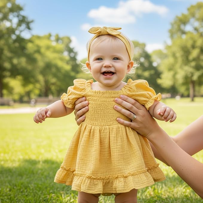 GRNSHTS Baby Girl Romper Dress, Puff Sleeve Smocked Outfit - Image 4