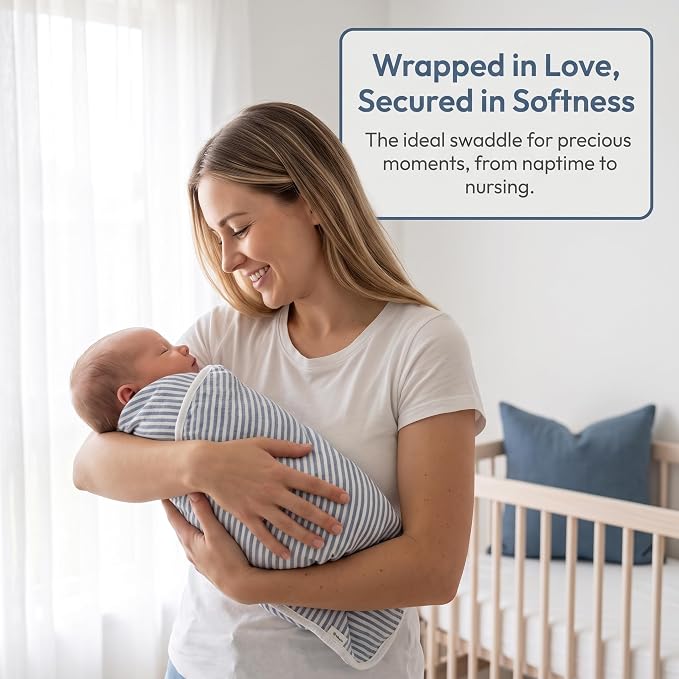 Blue Striped Muslin Baby Blanket, Ultra Soft Cotton Swaddle 43x43 in | Jacquard - Image 2
