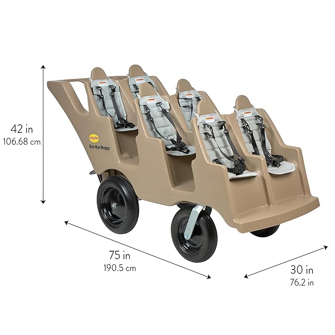 Angeles Bye Bye Buggy 6 Passenger Stroller, Sturdy Daycare Stroller with Fat Tires, Easy-to-Fasten Safety Buckles, Parking Brake, & 360 Pivoting Wheels, Tan