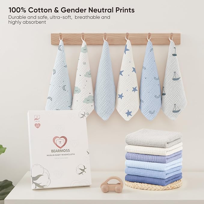 Bearmoss 12 Pack Baby Muslin Washcloths, 100% Cotton 10"x10" Face Towels - Image 7