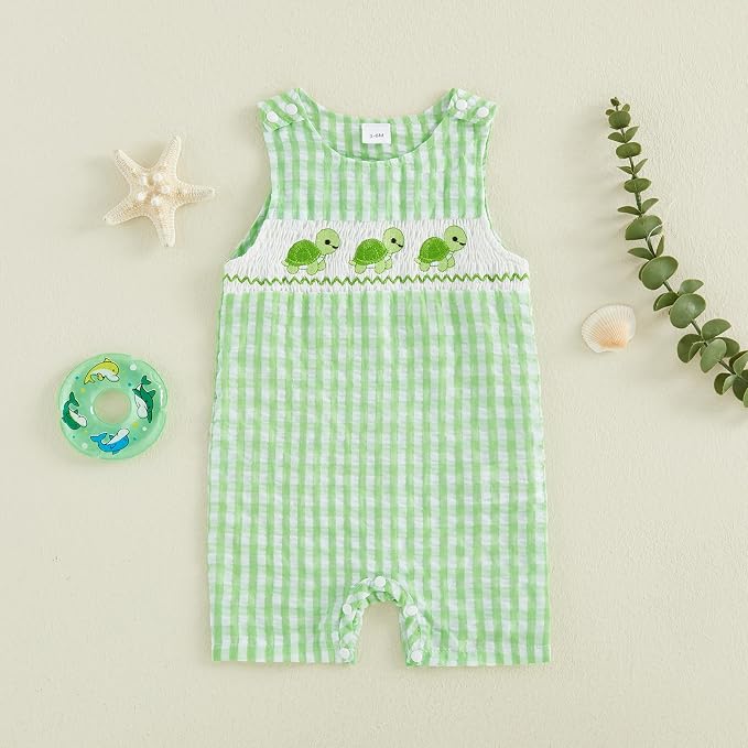 Newborn Baby Boys Sleeveless Seersucker Romper One Piece Straps Overalls - Image 2