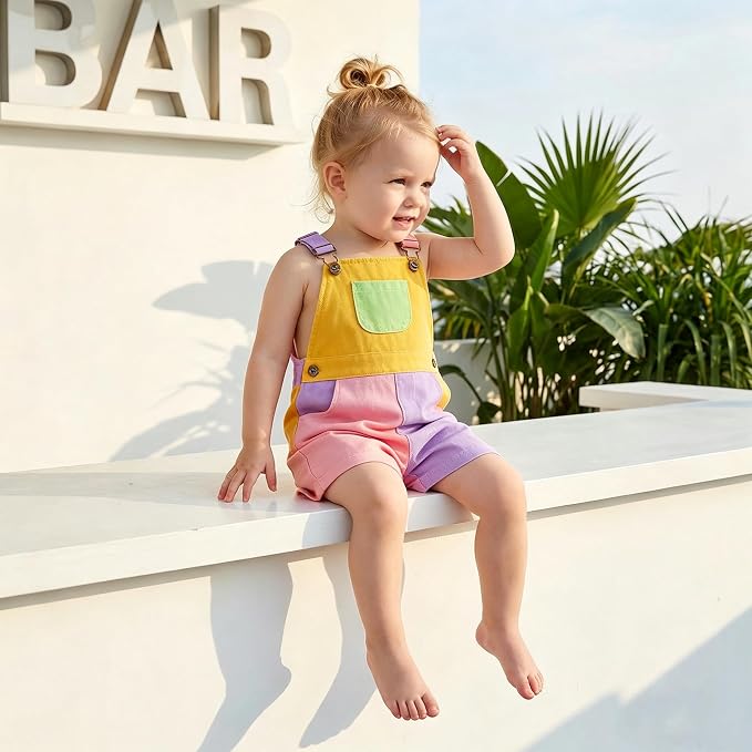 Fernvia Toddler Kids Baby Girl Boy Contrast Color Overalls Shorts Clothes - Image 3