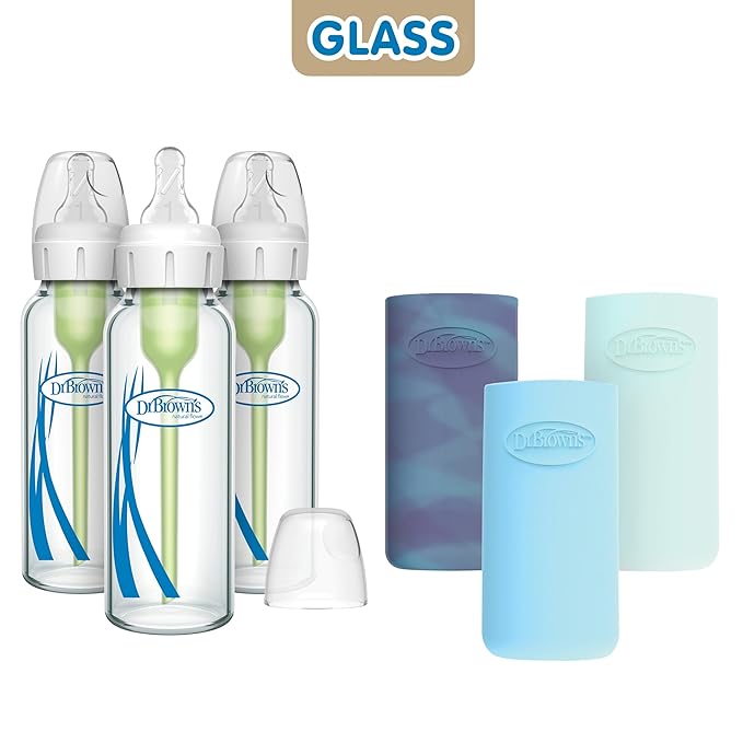 Dr. Brown's Anti-Colic Options+ Narrow Glass Baby Bottles with Silicone Sleeves, Blue, Glow, Mint, BPA-Free, 8 oz/250 mL, 0m+, 3-Pack