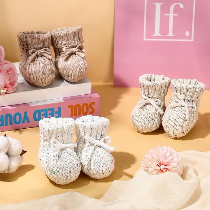 Evervibe 3 Pair Knitted Baby Booties | 100% Cotton, 0-6 Months Newborn - Image 3