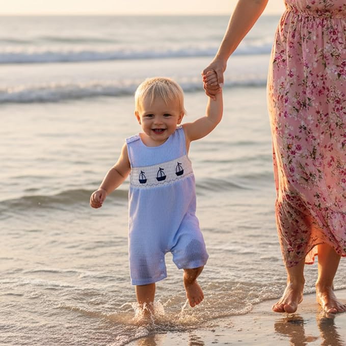Newborn Baby Boys Sleeveless Seersucker Romper One Piece Straps Overalls - Image 7