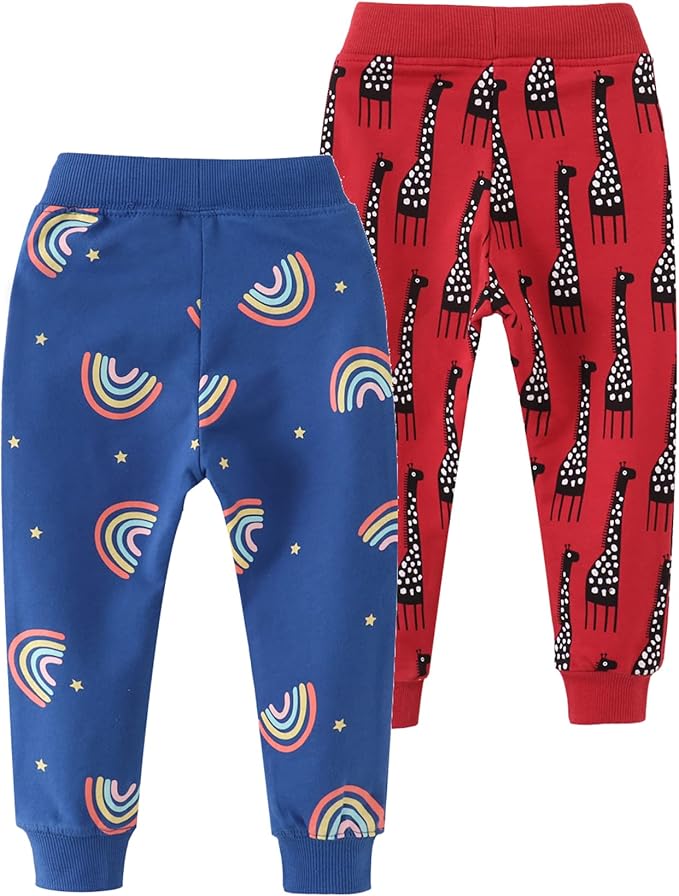 HUAER& Baby Boy's Jogger Pants Dinosaur Car Animal Print Drawstring Elastic Sweatpants 2-Pack
