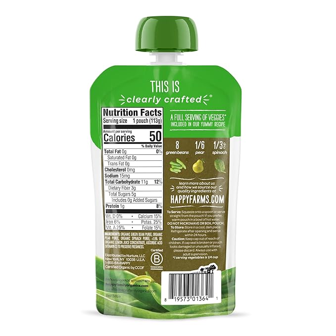 Happy Baby Organics Stage 2 Baby Food Pouches, Gluten Free, Vegan & Healthy Snack, Clearly Crafted Fruit & Veggie Puree, Green Beans, Pears & Spinach, 4 Ounces (Pack of 16)