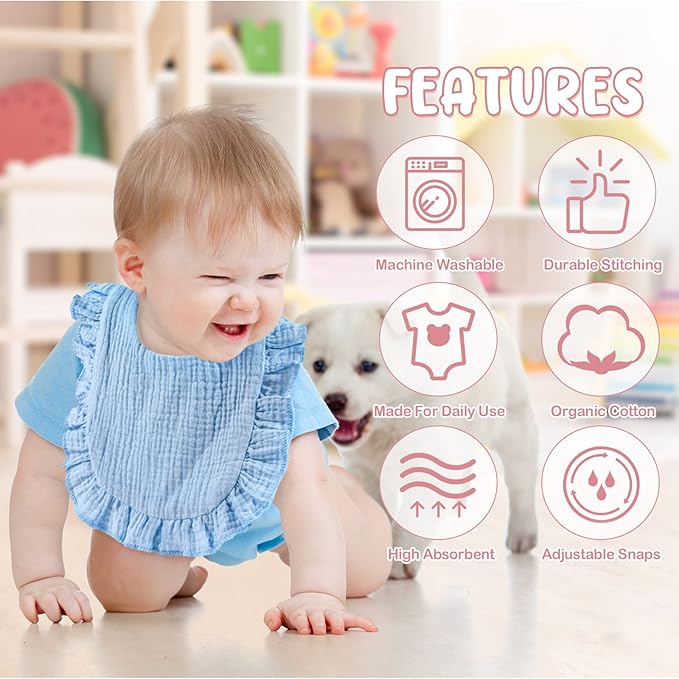 JaGely 12 Pieces Baby Muslin Bibs Bandana Drool Bibs for Boys and Girls Soft Adjustable Baby Cotton Teething and Drooling for Toddler Infant