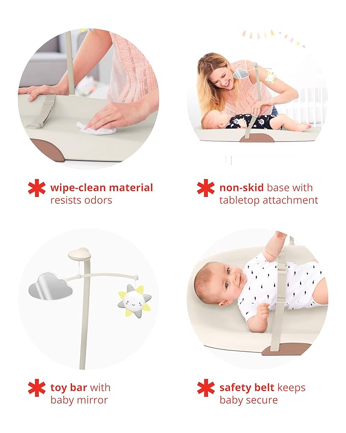 Skip Hop Baby Changing Pad Nursery Style Wipe-Clean Contoured with Cushioned Foam, Non-Skid Base, Built-in Safety Belt & Tuck-Away Toy Bar, Oat