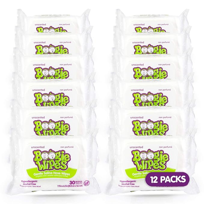 Saline Nose Wipes by Boogie, for Baby & Kids, Face, Hand & Body, Made with Vitamin E, Aloe, and Natural Saline, Unscented, 30 Count (Pack of 12)