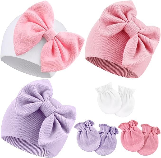 Newborn Baby Hats and Mittens Set Infant Bow Beanie Cap Toddler Gloves Newborn by AQOKKA