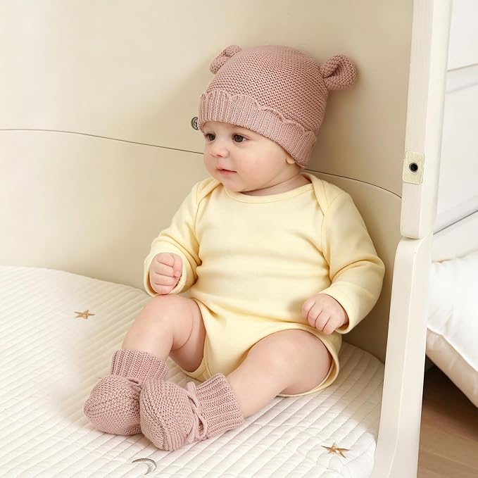 Hadetoto 100% Organic Cotton Baby Beanie and Booties Set | Newborn, Knit Sock - Image 2