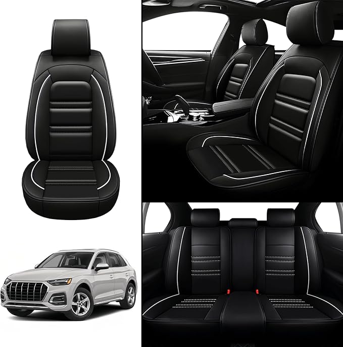 Seat Covers for Audi q5 2009-2025 | 5-Seats Leather Seat Covers, Easy to Install Automotive Seat Covers Full Set (Full Set, Black&White Line)