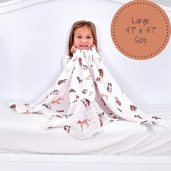 LollyBanks Swaddle Blanket, 100% Cotton Muslin Swaddle Blankets, Neutral Swaddle Blanket 47 x 47 Inches, Baby Blanket for Boys and Girls, Baby Essentials, Registry (Dogs Print)