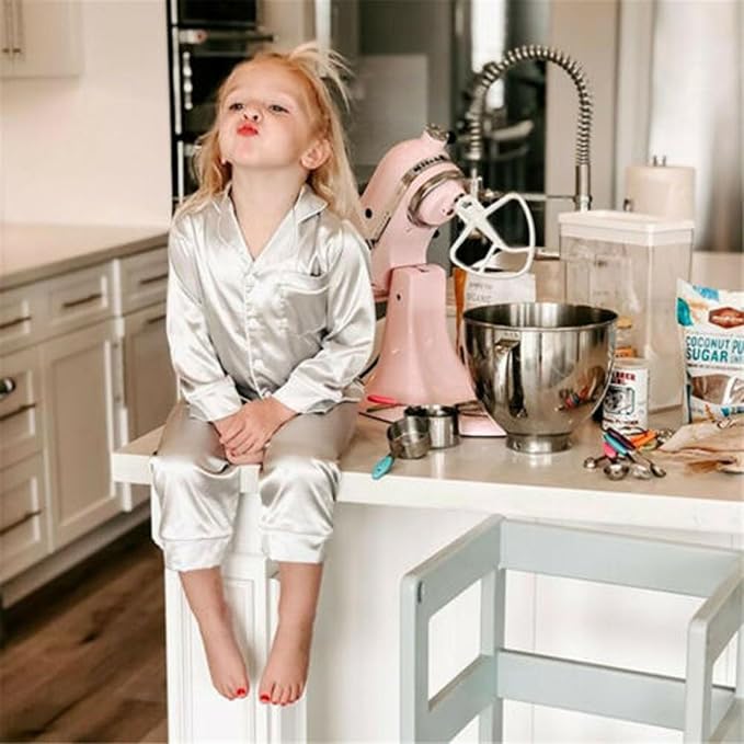 Kids Baby Girl Boy Satin Pajamas Set Button Down Sleep Shirt Top+Long Pants - Image 2