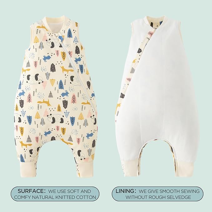Duomiaomiao 1.5 TOG Toddler Sleep Sack 24-36 Months 100% Cotton Four Season Side Open Zipper Baby Sleep Sack with Feet, Breathable Toddler Wearable Blanket