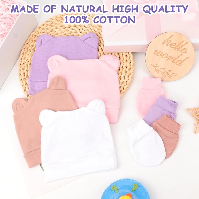 BQUBO Newborn Baby Bear Ears Hats and Mittens Sets Preemie Cotton Caps Baby Boy - Image 4