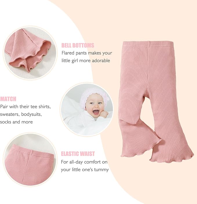 SOBOWO Baby Girl Flare Pants 3 Pack Toddler Solid Ribbed Ruffle Bell Bottoms Pants Trousers Fall Outfits