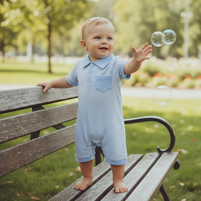 FOCUSNORM Newborn Baby Boy Summer Clothes Short Sleeve Lapel Jumpsuit Collar - Image 2