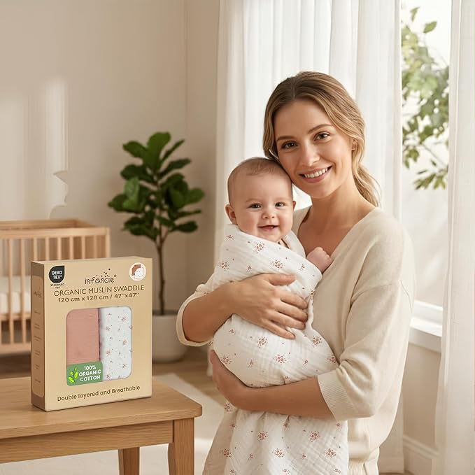 100% Organic Cotton 2 PK Muslin Swaddle Blanket Boy Gift 47x47 in | Oeko-TEX - Image 8