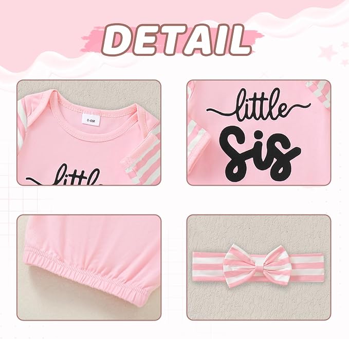 AMAWMW Newborn Baby Girl Little Sister Sleeper Gown Stripe Long Sleeve - Image 6