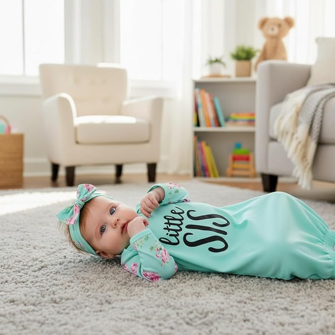 AMAWMW Newborn Baby Girl Little Sister Sleeper Gown Stripe Long Sleeve - Image 2