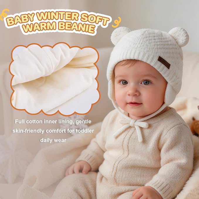 Duoyeree Baby Winter Hat, Bear Knit Earflaps Cotton Lined - Image 3