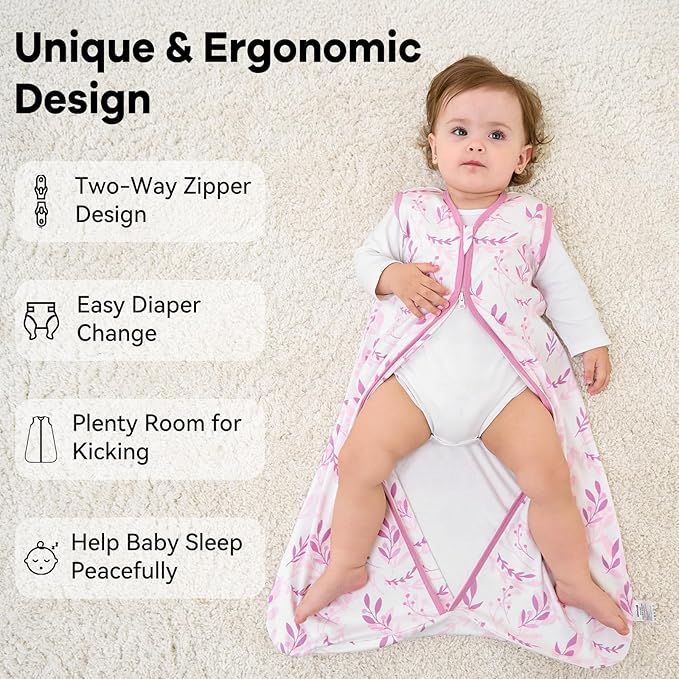 Baby Sleep Sack 18-24 Months 1.0 Tog Baby Wearable Blanket 100% Cotton Sleeping Sack with 2-Way Zipper for Toddler Infant Purple Leaf
