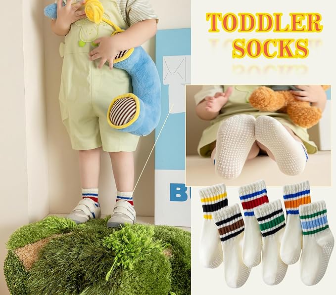 Toddler Grip Socks with Non-Slip Unisex Baby Stripe Crew Cotton Socks | Retro - Image 3