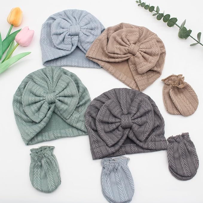 4 Pcs Newborn Hats Mittens Set Infant Cap Bow Hospital Beanie Preemie Hat - Image 2