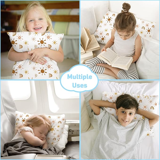 2-Pack Toddler Pillow,13X18 Cotton Toddler Pillows for Sleeping, Machine Washable Kids Pillows with Pillowcase, Perfect for Travel, Toddlers Cot (Sunny Rainbow)