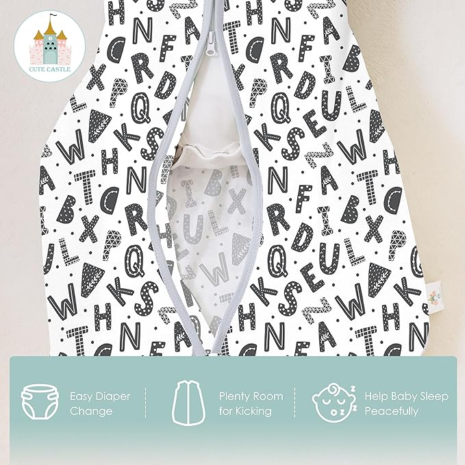 Cute Castle Baby Sleep Sack 18-24 Months - Lightweight 100% Cotton 2-Way Zipper TOG 0.5 Infant Wearable Blanket, Newborn Essentials Toddler Sleep Clothes, 3 Pack(Gray, Letters, Stars)