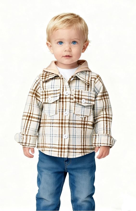 YOUNGER STAR Toddler Kids Boys Girls Flannel Hooded Plaid Shirt Button Baby Red - Image 2