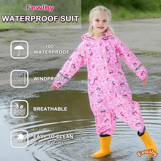 Fewlby Kids Toddler Rain Suit for Boys Girls One Piece Hoodie Zipper Cartoon - Image 3