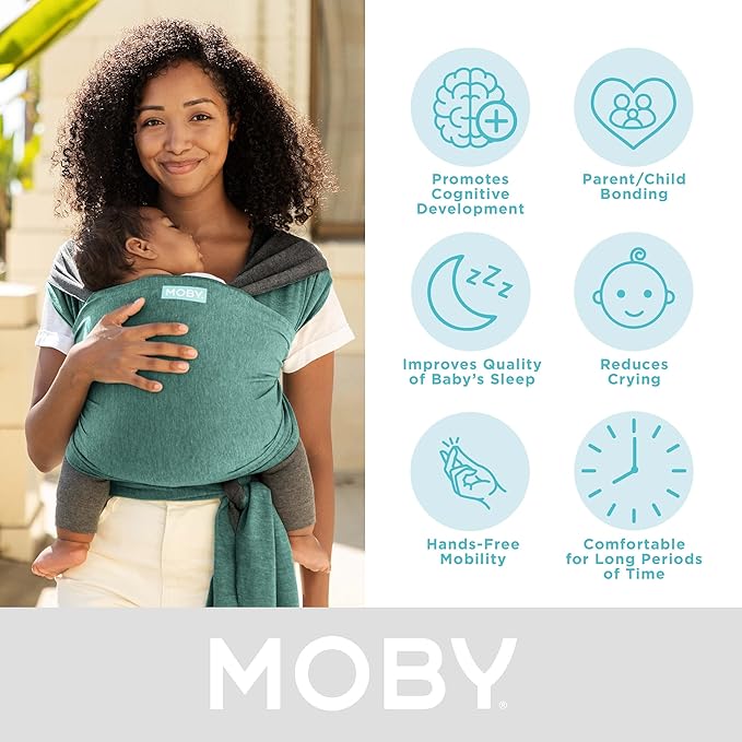 Moby Baby Wrap Carrier Reversible for Newborns to Toddlers (8-33lbs), Infant Sling Carrier, Ultra Lightweight & Hands Free Design, Adjustable for All Body Types (Jade/Grey)
