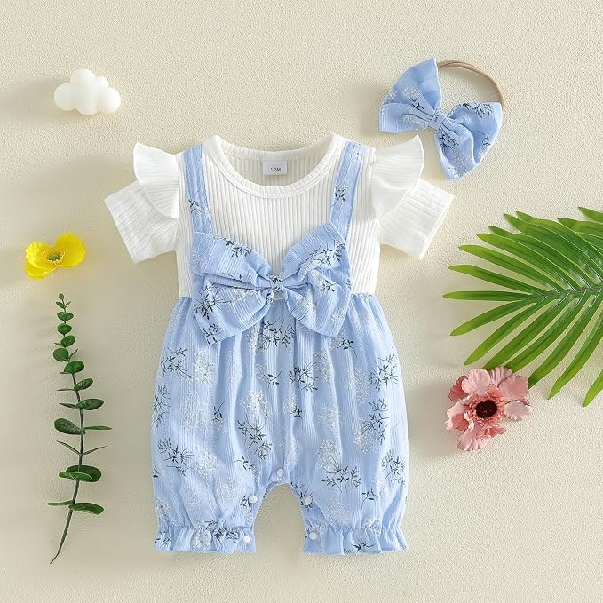 YINGISFITM Newborn Baby Girl Summer Clothes Short Sleeve Bubble Romper Bow - Image 5