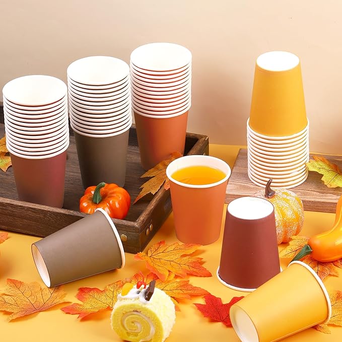 URATOT 60 Pieces 9 Ounce Disposable Paper Cups Autumn Color Party Cups Thanksgiving Fall Drinking Cups for Party, DIY, and Holiday, 4 Colors