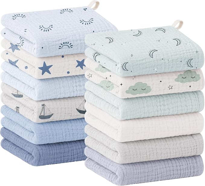 Bearmoss 12 Pack Baby Muslin Washcloths, 100% Cotton 10"x10" Face Towels by Bearmoss