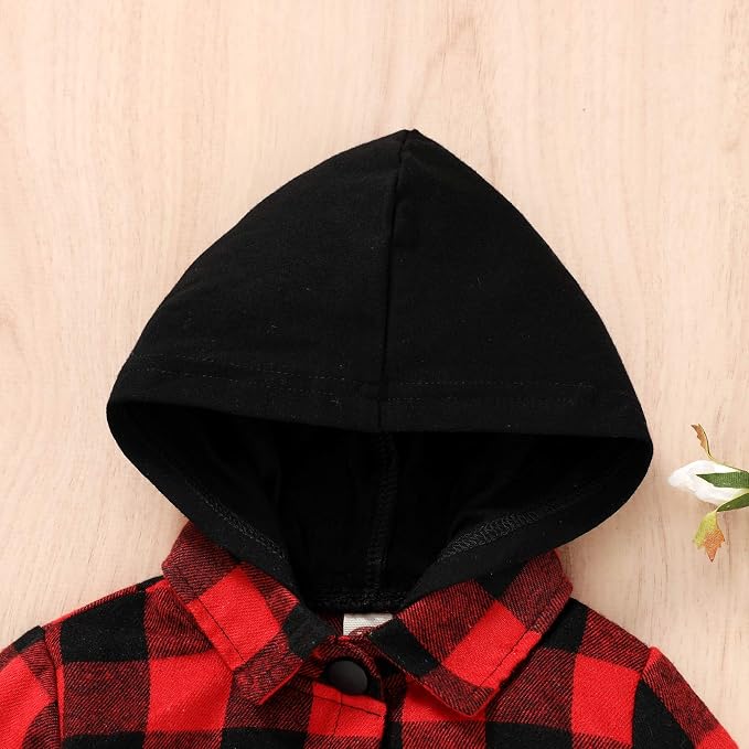 YOUNGER STAR Toddler Kids Boys Girls Flannel Hooded Plaid Shirt Button Baby Red - Image 4