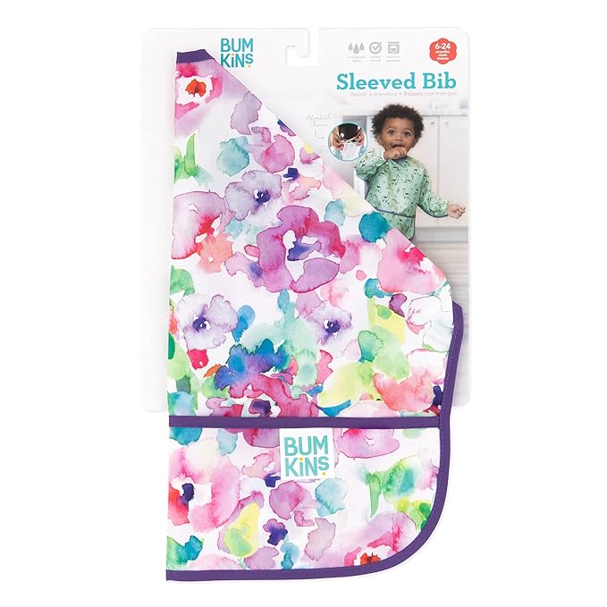 Bumkins Sleeved Bib for Girl or Boy, Baby and Toddler for 6-24 Mos, Essential Must Have for Eating, Feeding, Baby Led Weaning, Long Sleeve Mess Saving Food Catcher, Soft Fabric, Watercolors Floral