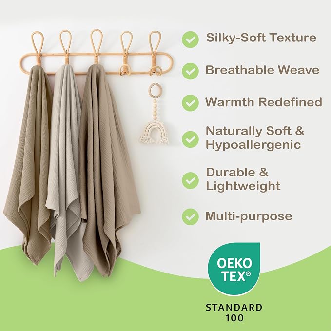 OEKO TEX 100% Organic Cotton 2 PK Baby Muslin Throw Blanket Unisex 47x47 In | - Image 3