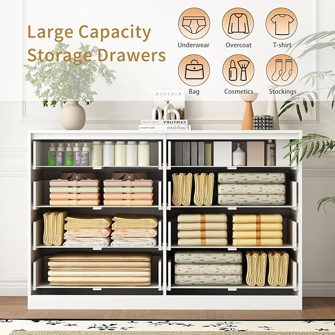 8 Drawer Dresser for Bedroom, Modern Fluted Double Dresser, 55" Wide Chest of Dressers, Wooden Beside Table for Closet, Living Room and Entryway, White