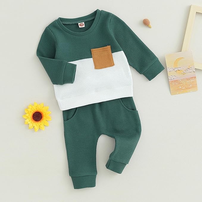 Toddler Baby Boy Fall Clothes Waffle Outfit Long Sleeve Color Blocking Sweatshirt Pullover Jogger Pant Set