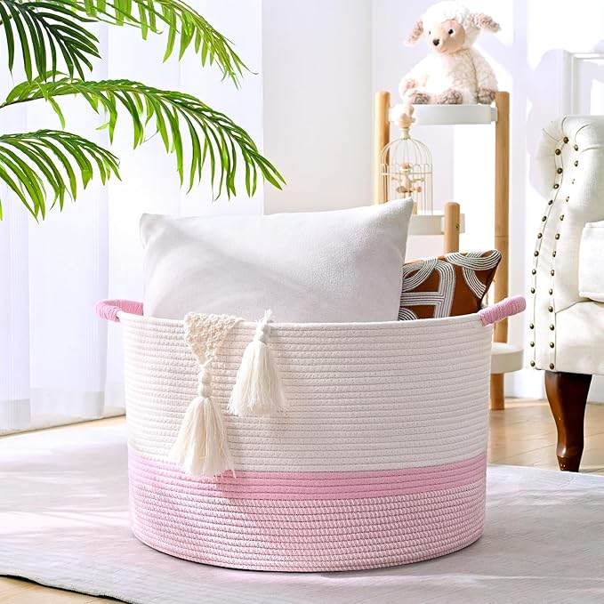 67L Large Blanket Basket, 20"x13" Woven Storage Baskets With Handle, Cotton Rope Blanket Basket Living Room, Baby Laundry hamper for Blanket, Nursery, Toy, Pillow (White & Pink)