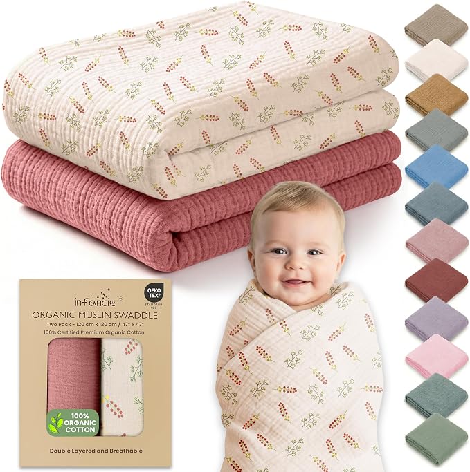 100% Organic Cotton 2 PK Baby Girl Muslin Swaddle Blanket 47x47 in | Oeko-TEX by Infancie