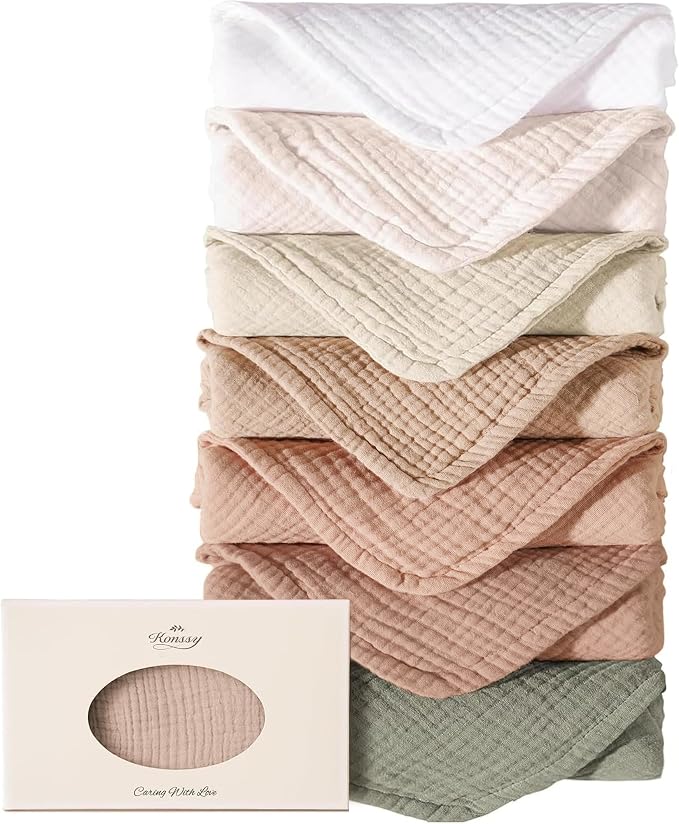 Konssy 7-Pack Muslin Baby Burp Cloths, 6-Layer 100% Cotton | Soft & Absorbent by Konssy